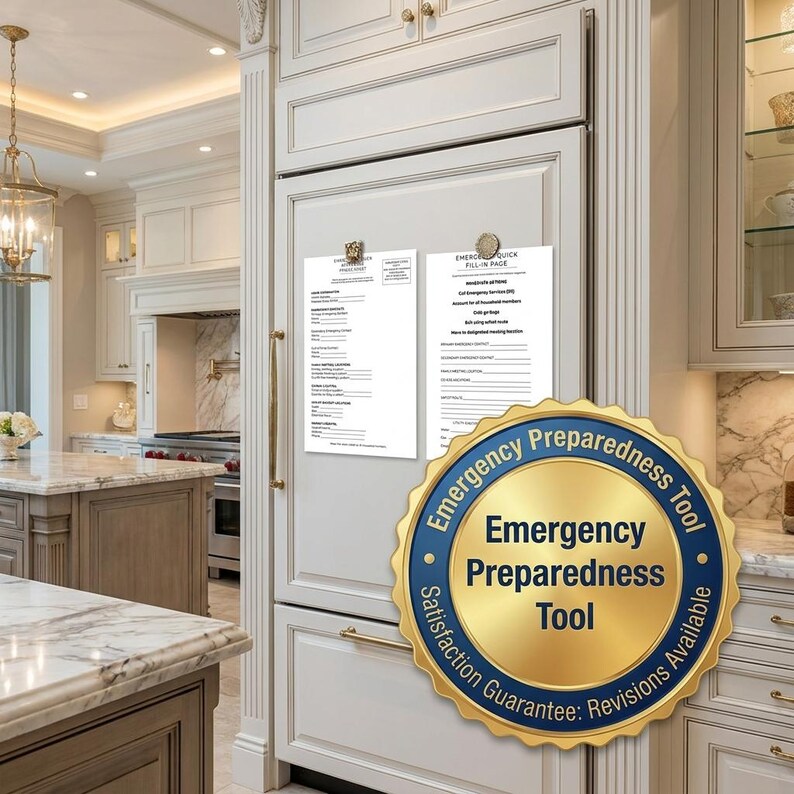 May include: Two white sheets of paper with black text are attached to a refrigerator. A gold and blue circular emblem with the words "Emergency Preparedness Tool" is in the foreground. The emblem also says "Satisfaction Guarantee: Revisions Available."