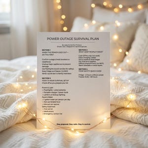 Puede incluir: Una tarjeta blanca con texto negro titulada "POWER OUTAGE SURVIVAL PLAN", que detalla los pasos de emergencia. La tarjeta est&aacute; iluminada por luces de hadas c&aacute;lidas. El texto cubre acciones para cortes de energ&iacute;a, un plan de supervivencia de 72 horas y descuidos comunes.