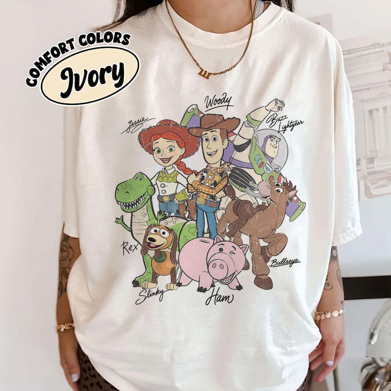 Retro Toy Story Signatures Shirt, Woody Buzz Jessie Rex Tee, Disney Pixar Group Shirt, Disneyland Trip Gift,Disneyworld Matching Outfit