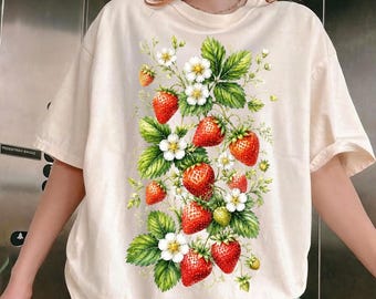 Vintage Strawberry Floral Graphic Tee, Cottagecore Fruit Nature Shirt, Sweet Garden Retro Aesthetic Top, Cute Gift Tee, Gardening Gift