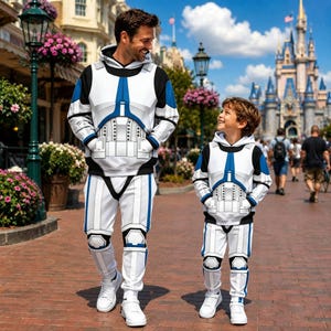 May include: Matching white, blue, and black hooded sweatshirts and sweatpants featuring a printed clone trooper armor design. The outfits include long-sleeved hoodies with front pockets and coordinating pants with elasticized cuffs and waistbands.