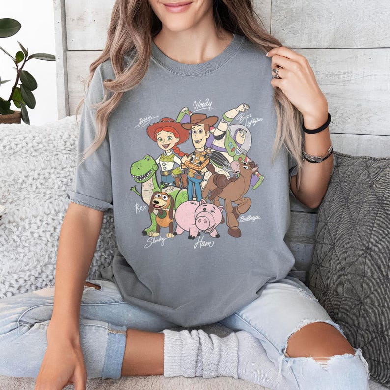 Retro Toy Story Signatures Shirt, Woody Buzz Jessie Rex Tee, Disney Pixar Group Shirt, Disneyland Trip Gift,Disneyworld Matching Outfit