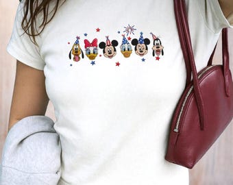 USA Baby T-Shirt bestickt, Disney 4. Juli Frauen Top, Mickey und Friends Crop Top, Disneyland Reise Shirts, Geschenke für Sie