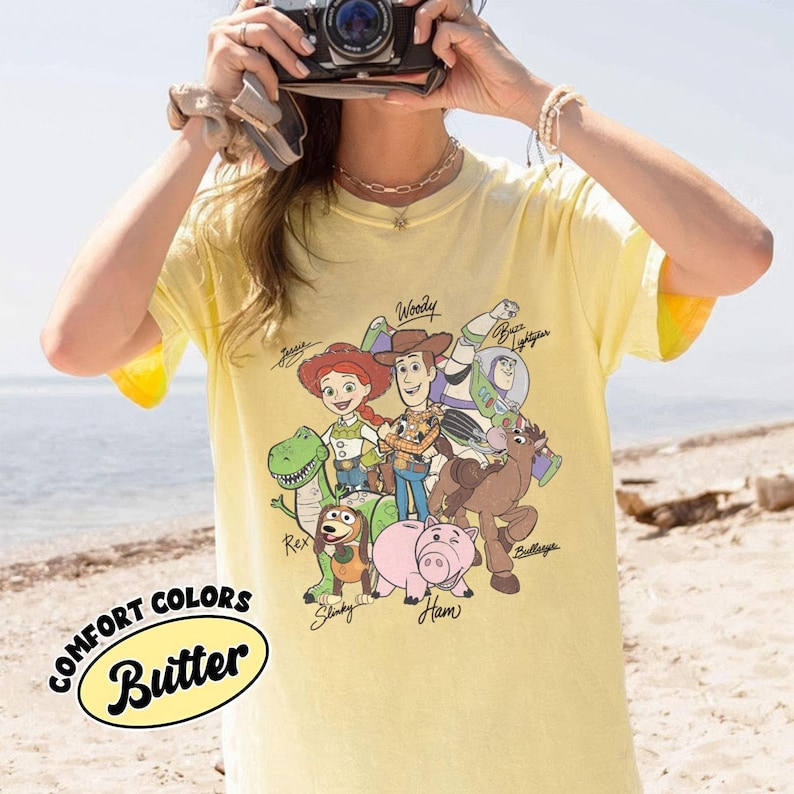 Retro Toy Story Signatures Shirt, Woody Buzz Jessie Rex Tee, Disney Pixar Group Shirt, Disneyland Trip Gift,Disneyworld Matching Outfit