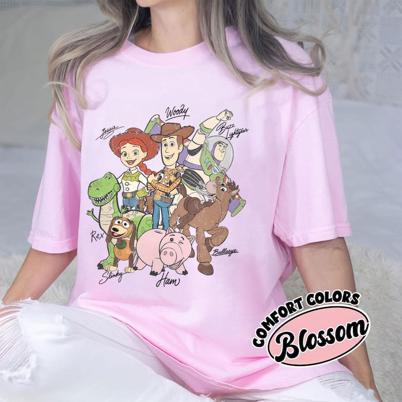 Retro Toy Story Signatures Shirt, Woody Buzz Jessie Rex Tee, Disney Pixar Group Shirt, Disneyland Trip Gift,Disneyworld Matching Outfit