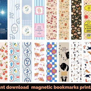 Peut inclure: Ensemble de marque-pages magnétiques illustrés avec divers motifs. Les motifs incluent des chats, des étoiles, des motifs floraux et des citations inspirantes. Le texte "GROW THROUGH WORDS" est visible sur un marque-page. La phrase "instant download magnetic bookmarks printable" est en bas.