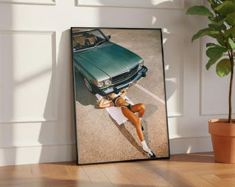 Póster de modelo de coche deportivo vintage, arte de pared de tacones altos, lámina de coche clásico, decoración minimalista en blanco y negro para el hogar.