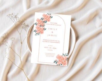 Peach Floral Wedding Invite Template, Editable Canva Invitation, Romantic printable