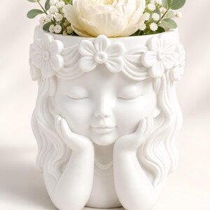 Girl Face Flower Vase, White Floral Head Planter Pot, Watertight Decorative Vase, Cottagecore Shelf Decor Gift