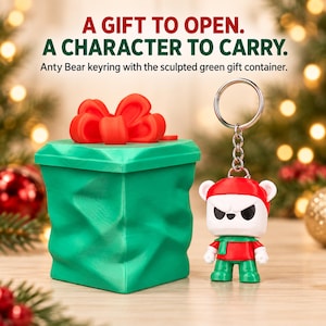 Anty Bear Christmas Keyring with Green Gift Container | Grumpy Bear Charm