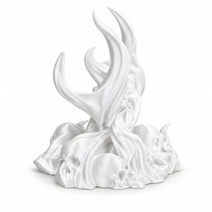 May include: A matte white sculpture featuring a cluster of human skulls at the base, with smooth, flowing fabric-like forms rising upward from the centre. The object has a monochromatic finish and a complex, layered structure with curved shapes.