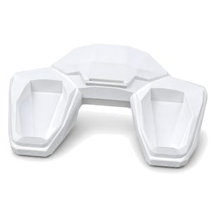 May include: A white, multi-faceted, geometric tray featuring a central raised section and two symmetrical, deep, angular compartments on either side. The object has a smooth, matte finish with sharp, clean edges and a distinct, modern, angular structure.