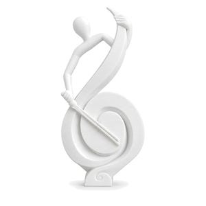 May include: A smooth white sculpture depicting a stylised figure playing a large, curved musical instrument that resembles a treble clef. The figure holds a thin, straight bow across the centre of the spiralling, fluid form of the instrument.