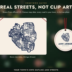May include: A cream-colored rectangular card featuring a dark blue street map of Ann Arbor, Michigan, alongside a circular tag with the same map, the text ANN ARBOR MICHIGAN, and a red string. The text reads REAL STREETS, NOT CLIP ART.