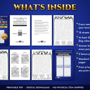 Może przedstawiać: Cyfrowa książka z wykreślankami pod tytułem Town of Simsbury Word Search Roads, Drives and Lanes. Zestaw zawiera strony o wymiarach 21,59 x 27,94 cm z 28 łamigł&oacute;wkami, 18 ulicami na łamigł&oacute;wkę, kluczami odpowiedzi i 2 dodatkowymi łamigł&oacute;wkami.