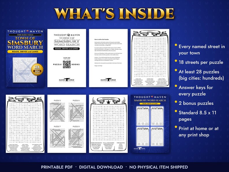 Może przedstawiać: Cyfrowa książka z wykreślankami pod tytułem Town of Simsbury Word Search Roads, Drives and Lanes. Zestaw zawiera strony o wymiarach 21,59 x 27,94 cm z 28 łamigł&oacute;wkami, 18 ulicami na łamigł&oacute;wkę, kluczami odpowiedzi i 2 dodatkowymi łamigł&oacute;wkami.