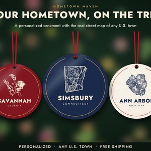 Personalized Hometown Map Ornament, Custom Town Street Map Christmas Ornament, First Home Ornament, Any US City or Town, Housewarming Gift