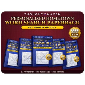 May include: Five blue paperback word search books with gold text titled Thought Maven Personalized Hometown Word Search Paperback. Each cover features a grid of letters and specific town names like Simsbury, Savannah, and Austin.