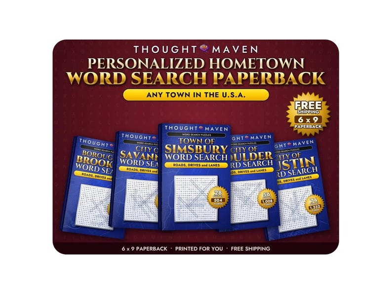 May include: Five blue paperback word search books with gold text titled Thought Maven Personalized Hometown Word Search Paperback. Each cover features a grid of letters and specific town names like Simsbury, Savannah, and Austin.