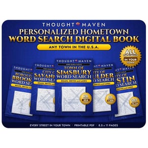 May include: A digital word search book collection by Thought Maven featuring personalized hometown themes. The blue covers display gold text including Town of Simsbury, City of Savannah, and City of Austin. Includes printable 8.5 x 11 inch pages.