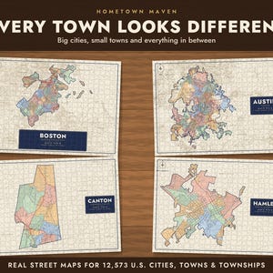 Op de afbeelding: Vier rechthoekige legpuzzels met wegenkaarten van Boston, Austin, Canton en Hamlet. Elke puzzel toont een kleurrijk stratennetwerk op een beige achtergrond met een donkerblauw label dat de stad en de staat aangeeft.