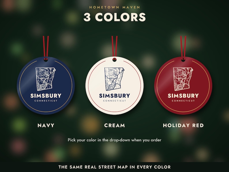 May include: Three circular ornaments in navy, cream, and holiday red, each featuring a white street map of Simsbury, Connecticut, and the text "SIMSBURY CONNECTICUT". Each ornament includes a red hanging string at the top.