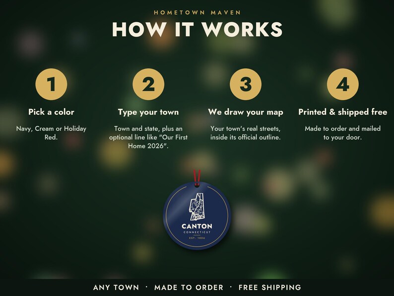 May include: A circular navy blue ornament featuring a white map outline of Canton, Connecticut, with the text Canton Connecticut Est. 1806. The image includes a four-step instructional guide titled How It Works, detailing the customization process.