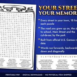 Może przedstawiać: Wyszukiwanka słowna zatytułowana PUZZLE 2 na tle w kształcie zwoju. Tekst głosi: YOUR STREETS. YOUR MEMORIES. 18 ukrytych ulic w każdej łamigł&oacute;wce. Droga, przy kt&oacute;rej dorastałeś, skr&oacute;t do szkoły, Main Street i ślepa uliczka przy parku. Oparte na oficjalnych danych drogowych spisu ludności USA. Słowa biegną do przodu, do tyłu, w g&oacute;rę, w d&oacute;ł i po przekątnej. Zawiera listę nazw ulic oraz informację o cyfrowym pliku PDF do pobrania.