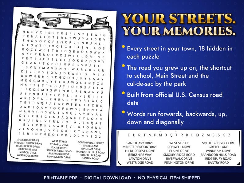 Może przedstawiać: Wyszukiwanka słowna zatytułowana PUZZLE 2 na tle w kształcie zwoju. Tekst głosi: YOUR STREETS. YOUR MEMORIES. 18 ukrytych ulic w każdej łamigł&oacute;wce. Droga, przy kt&oacute;rej dorastałeś, skr&oacute;t do szkoły, Main Street i ślepa uliczka przy parku. Oparte na oficjalnych danych drogowych spisu ludności USA. Słowa biegną do przodu, do tyłu, w g&oacute;rę, w d&oacute;ł i po przekątnej. Zawiera listę nazw ulic oraz informację o cyfrowym pliku PDF do pobrania.
