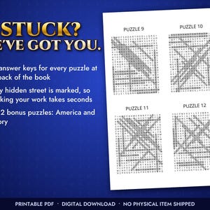 Może przedstawiać: Biała strona z czterema wykreślankami oznaczonymi numerami 9, 10, 11 i 12, z tekstem na niebieskim tle: STUCK? WE'VE GOT YOU. Full answer keys for every puzzle at the back of the book. Every hidden street is marked.