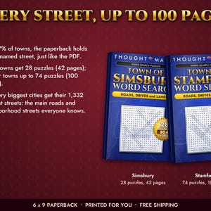 May include: Two blue paperback word search puzzle books titled Town of Simsbury and Town of Stamford, featuring gold text and graphics. The books display puzzle grids and page counts on a dark red background with informational text about street lists.