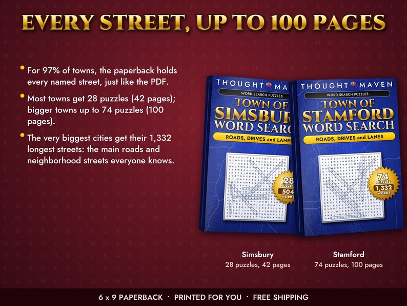 May include: Two blue paperback word search puzzle books titled Town of Simsbury and Town of Stamford, featuring gold text and graphics. The books display puzzle grids and page counts on a dark red background with informational text about street lists.