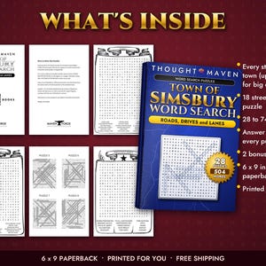 May include: A blue paperback book titled Town of Simsbury Word Search: Roads, Drives and Lanes, featuring 28 puzzles and 504 words. The image displays interior pages with word search grids, a QR code, and text listing features like 6 by 9 inch dimensions.