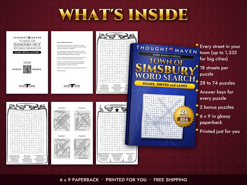 May include: A blue paperback book titled Town of Simsbury Word Search: Roads, Drives and Lanes, featuring 28 puzzles and 504 words. The image displays interior pages with word search grids, a QR code, and text listing features like 6 by 9 inch dimensions.