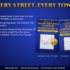 Może przedstawiać: Dwie niebieskie książki z wykreślankami zatytułowane Manchester Center Word Search oraz City of San Antonio Word Search. Tekst głosi Every Street. Every Town. Każda okładka zawiera łamigł&oacute;wkę w kratkę i złotą grafikę gwiazdy z liczbą zadań.