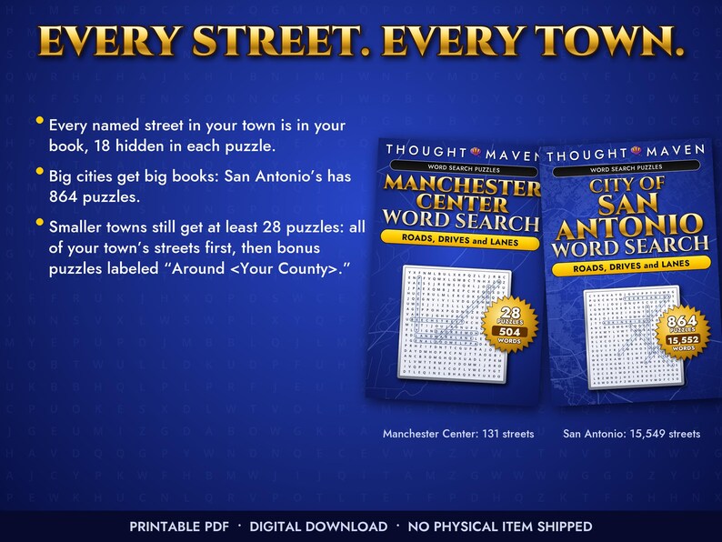 Może przedstawiać: Dwie niebieskie książki z wykreślankami zatytułowane Manchester Center Word Search oraz City of San Antonio Word Search. Tekst głosi Every Street. Every Town. Każda okładka zawiera łamigł&oacute;wkę w kratkę i złotą grafikę gwiazdy z liczbą zadań.