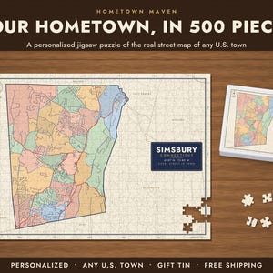 Personalized Hometown Map Puzzle, 500 Piece Custom Town Street Map Jigsaw Puzzle in Gift Tin, Any US City or Town, Housewarming Gift
