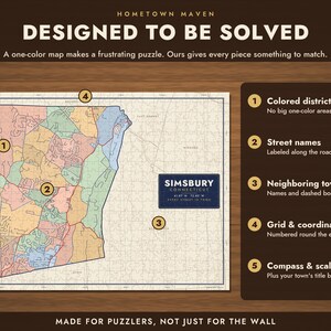 Op de afbeelding: Een legpuzzel van een kaart van Simsbury, Connecticut, met gekleurde districten, straatnamen, naburige steden, rasterco&ouml;rdinaten en een kompas. De tekst luidt: HOMETOWN MAVEN, DESIGNED TO BE SOLVED, SIMSBURY CONNECTICUT en MADE FOR PUZZLERS, NOT JUST FOR THE WALL.