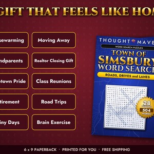 May include: A blue paperback word search puzzle book titled Town of Simsbury Word Search: Roads, Drives and Lanes. The cover features a grid of letters, a gold starburst graphic with 28 puzzles and 504 words, and a list of gift occasions.
