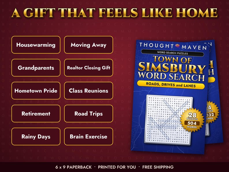 May include: A blue paperback word search puzzle book titled Town of Simsbury Word Search: Roads, Drives and Lanes. The cover features a grid of letters, a gold starburst graphic with 28 puzzles and 504 words, and a list of gift occasions.