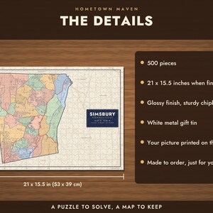 Op de afbeelding: Een legpuzzel van 500 stukjes met een gekleurde kaart van Simsbury, Connecticut. De voltooide puzzel meet 53 bij 39 cm. Het bevat een glanzende afwerking, stevig karton en een wit metalen geschenkblik met de kaart op het deksel gedrukt.