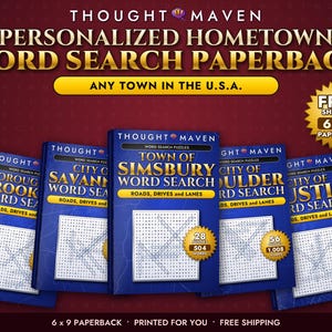May include: Five blue paperback word search books titled Thought Maven with gold text. Each cover displays a specific town name, such as Simsbury, and the subtitle Roads, Drives and Lanes. The books feature a grid puzzle and gold circular badges.