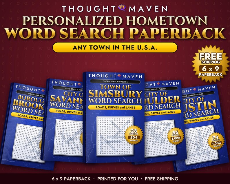 May include: Five blue paperback word search books titled Thought Maven with gold text. Each cover displays a specific town name, such as Simsbury, and the subtitle Roads, Drives and Lanes. The books feature a grid puzzle and gold circular badges.