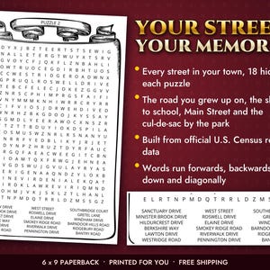 May include: A word search puzzle on a scroll-shaped page with the text YOUR STREETS. YOUR MEMORIES. and a list of 18 street names. The puzzle includes a grid of letters and a list of words to find, with a 6 x 9 paperback format indicated at the bottom.