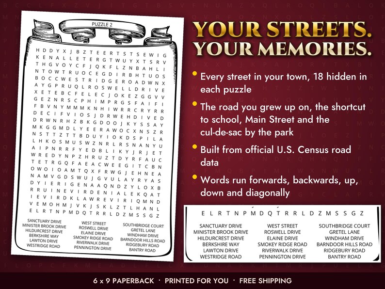 May include: A word search puzzle on a scroll-shaped page with the text YOUR STREETS. YOUR MEMORIES. and a list of 18 street names. The puzzle includes a grid of letters and a list of words to find, with a 6 x 9 paperback format indicated at the bottom.