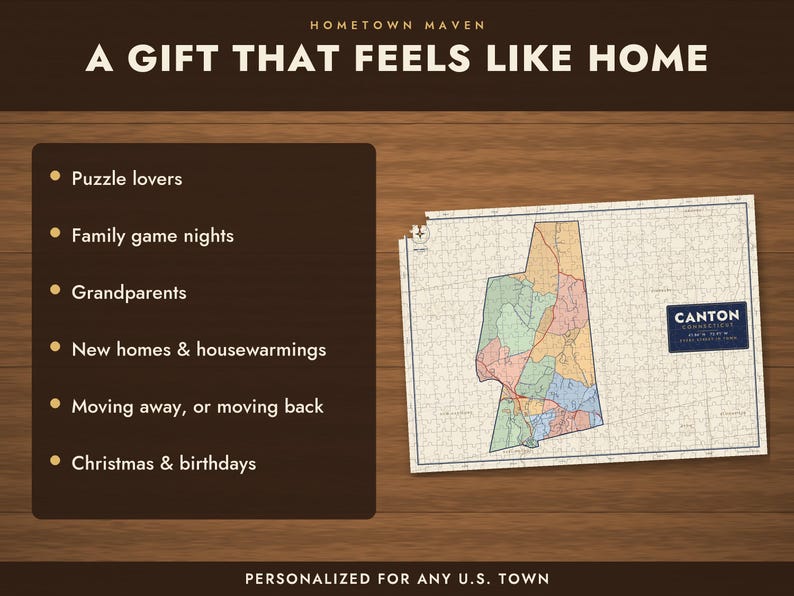 Op de afbeelding: Een rechthoekige legpuzzel met een kaart van Canton, Connecticut, in veelkleurige secties. De tekst luidt: HOMETOWN MAVEN, A GIFT THAT FEELS LIKE HOME, CANTON CONNECTICUT, en een lijst met gelegenheden zoals Puzzle lovers en Christmas.