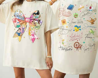 Watercolor Princess Coquette Bow Shirt,2-Sided Pink Princess Mirror Tee, Cartoon Princess Family Vacation Shirt, Disney Princess Trip Outfit