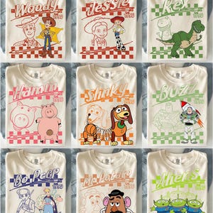 May include: A collection of nine off-white t-shirts, each featuring a different Toy Story character graphic. Designs include Woody, Jessie, Rex, Hamm, Slinky, Buzz, Bo Peep, Mr. Potato Head, and Aliens, all with 1995 text and checkered patterns.