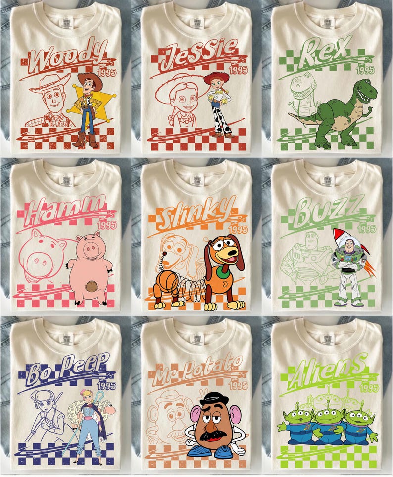 May include: A collection of nine off-white t-shirts, each featuring a different Toy Story character graphic. Designs include Woody, Jessie, Rex, Hamm, Slinky, Buzz, Bo Peep, Mr. Potato Head, and Aliens, all with 1995 text and checkered patterns.