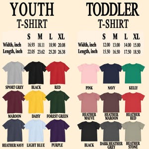 May include: A selection of youth and toddler t-shirts in colours such as sport grey, black, and red. The shirts are displayed with size charts showing width and length in inches. Sizes range from S to XL for youth and S to XL for toddlers. Measurements are in inches.